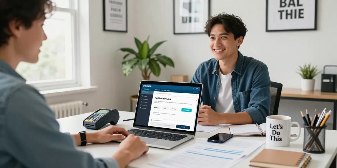 Entrepreneur exploring Square merchant cash advance options at a modern office desk.