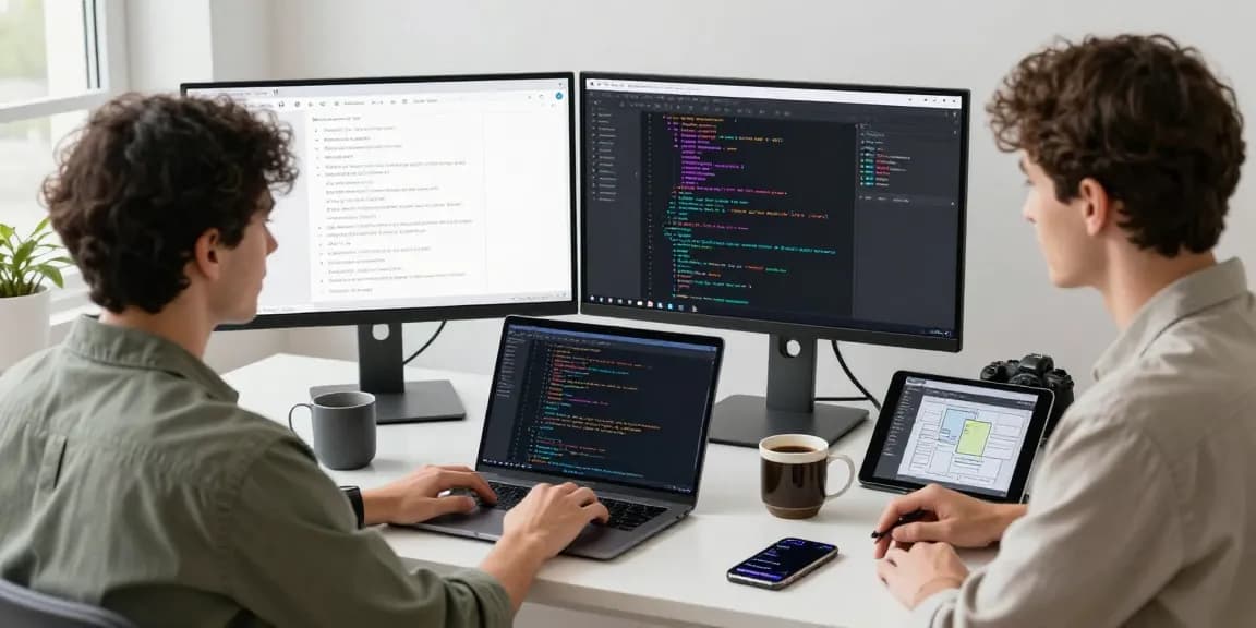 Build internal tools with AI in a modern workspace with a developer coding on laptops and dual monitors.