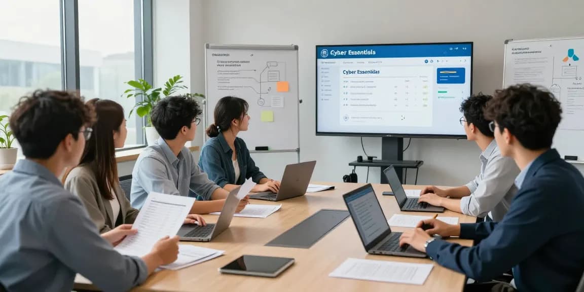 Team discussing cyber essentials requirements in a modern office environment with compliance documents and digital displays.
