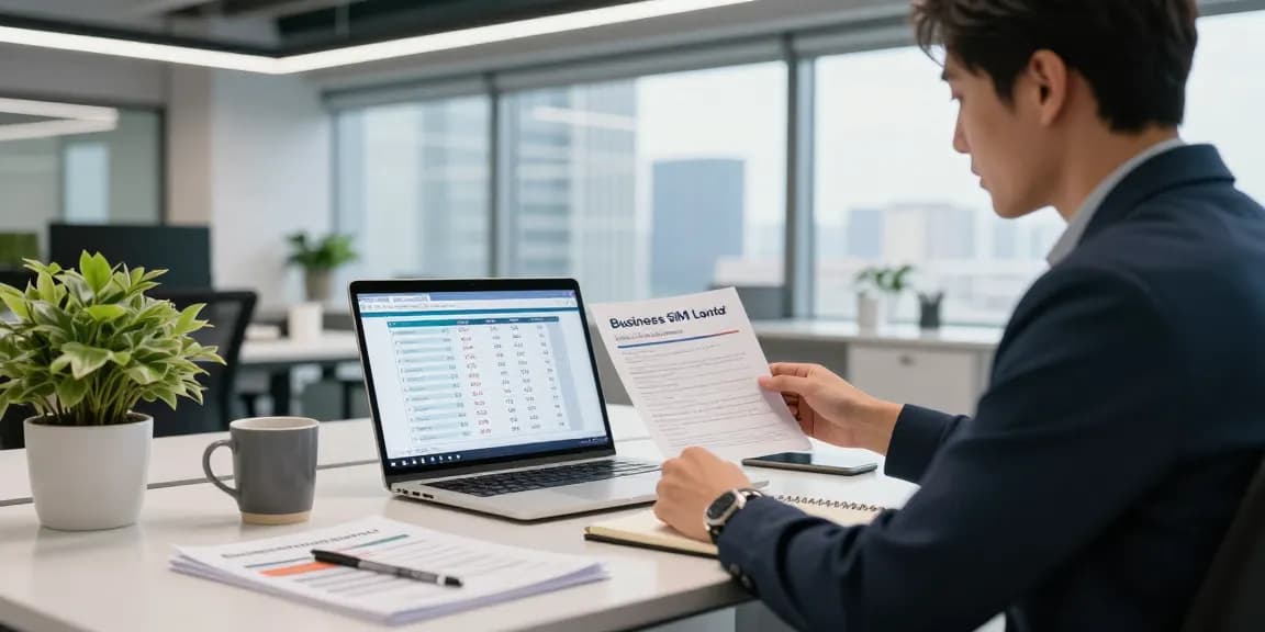 Professional reviewing business SIM only deals UK in a modern office.