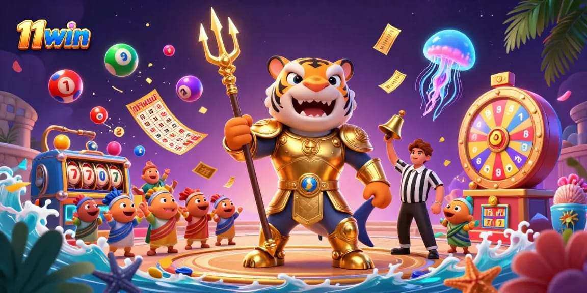 Engage with thrilling games at 11win while a golden shark illustrates the excitement of winning.