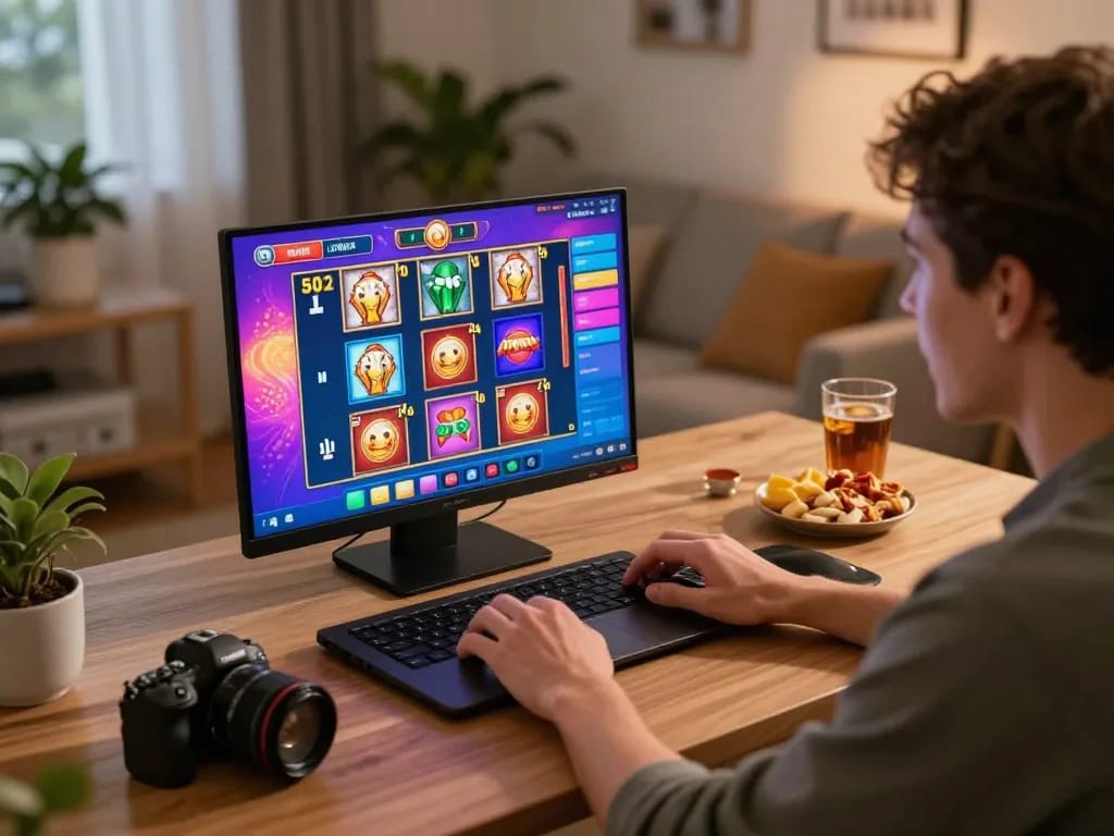 Engaging online gaming session at home with highpointawards slot games displayed on the laptop.