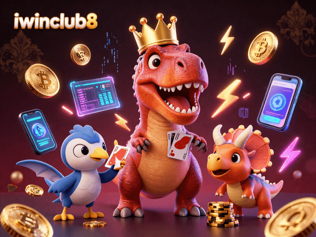 iwinclub8 brings luck with a T-Rex shuffling cards and a baby triceratops stacking chips in a colorful casino.