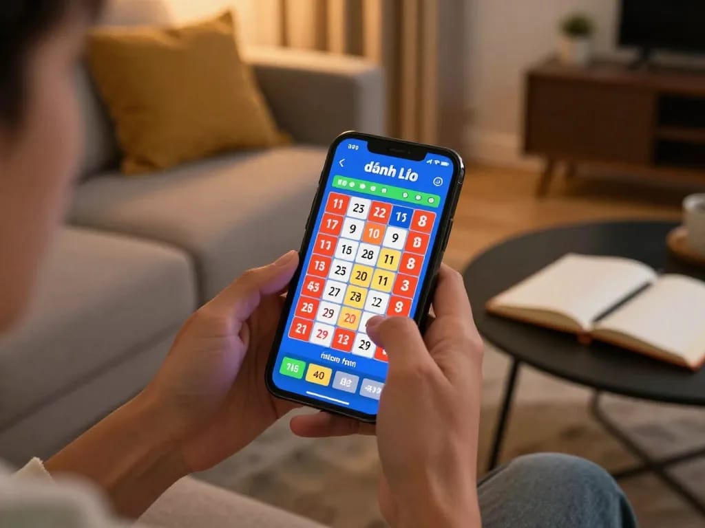 Playing đánh lô online on a smartphone, showcasing colorful betting options in a cozy home.