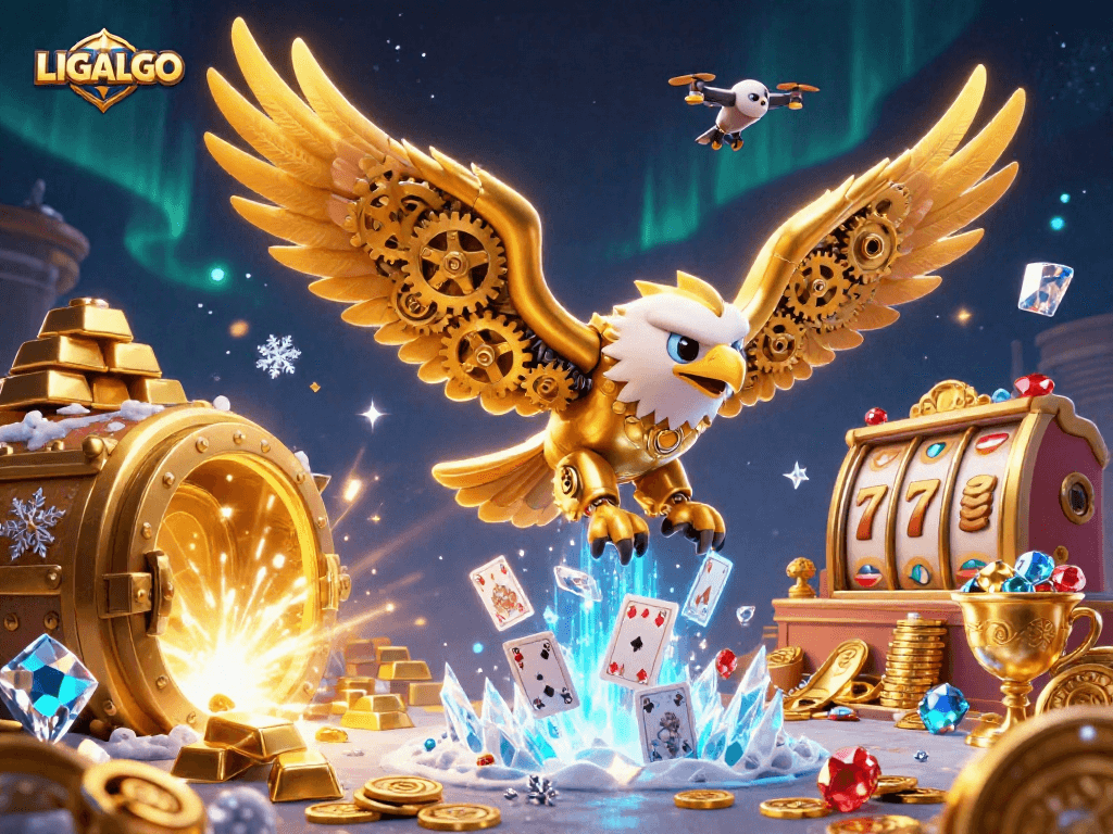 LIGALGO showcases a dynamic scene with a cybernetic eagle and slot elements in vibrant casino illustration.