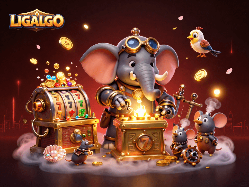 LIGALGO slot machine design featuring a steampunk elephant and captivating casino elements for an engaging gaming experience.