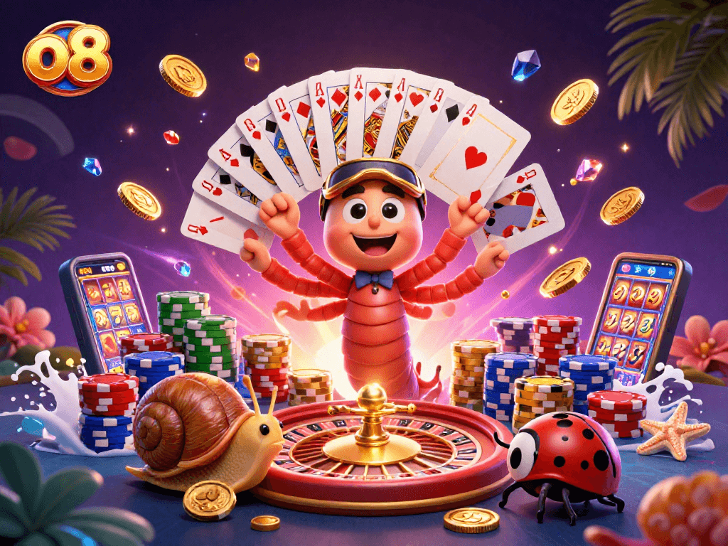 Experience thrilling gameplay at o8 with a vibrant 3D casino scene featuring dynamic characters and sparkling game elements.