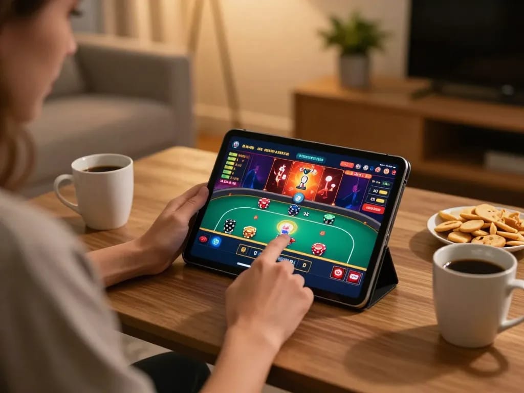 Engaging in online gaming on trang chủ cm88 with a live dealer poker game on a tablet.