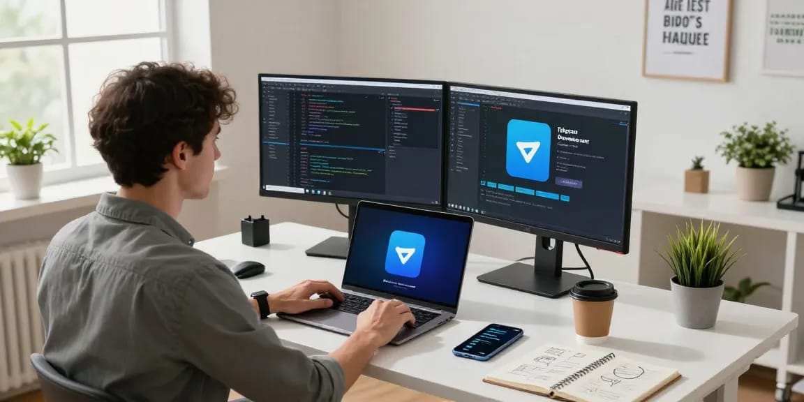 Focused developer using tools for Telegram Download in a bright modern workspace