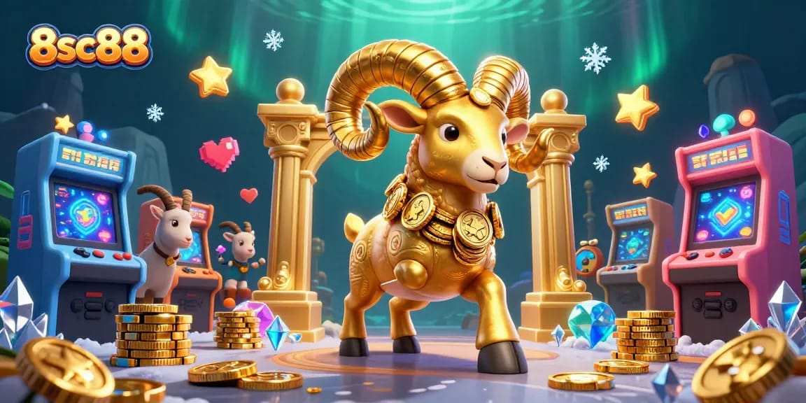Experience the excitement of 8sc88 with a golden ram charging through a vibrant casino scene.
