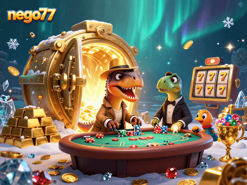 Win big with nego77 at dynamic blackjack table: A velociraptor card counter and stegosaurus pit boss in action.