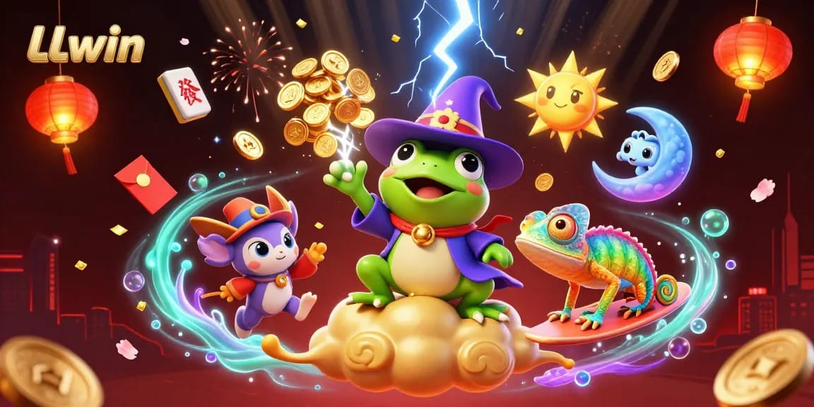 Experience LLwin's thrilling casino adventure with a rainbow chameleon and weather wizard amidst golden coins.