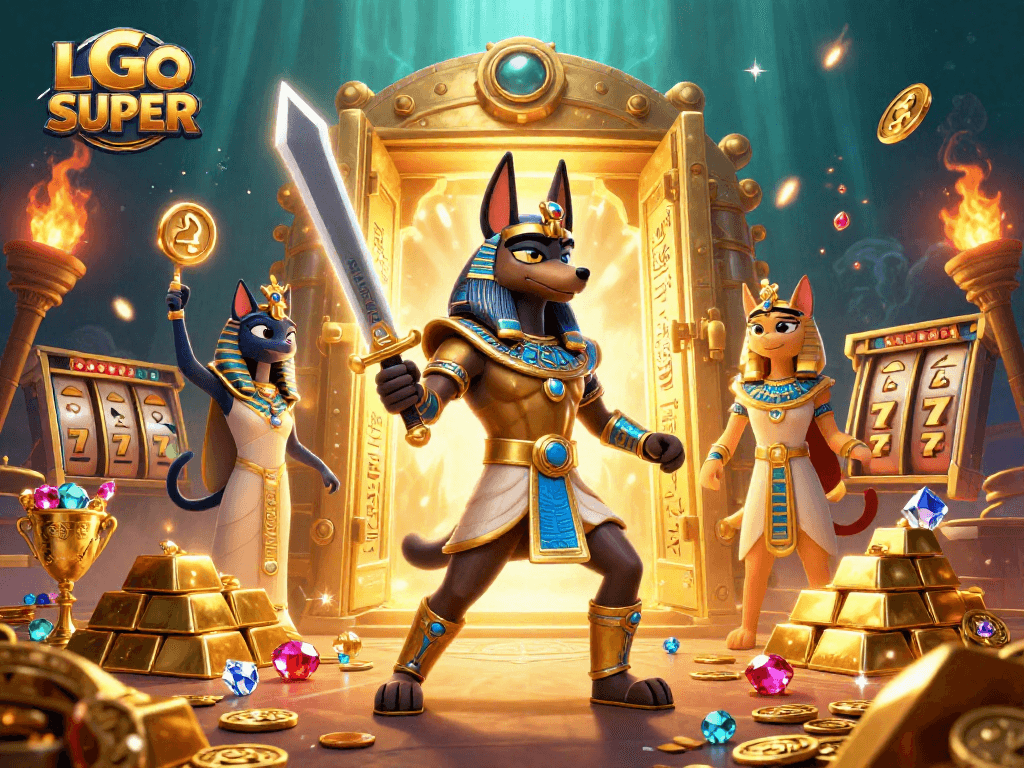 Experience thrilling gameplay at LGOSUPER with ancient Egyptian warriors amidst vibrant casino treasures.