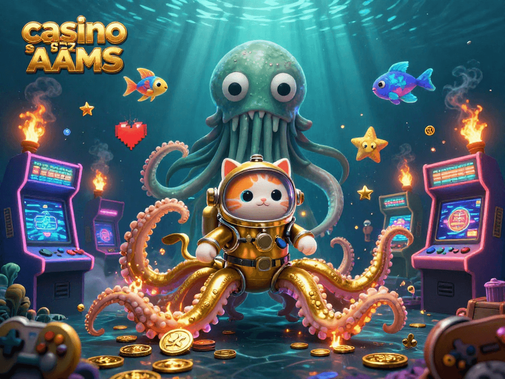 Gioca nei migliori casino senza AAMS con il kraken e un gatto subacqueo, circondati da macchine da gioco.