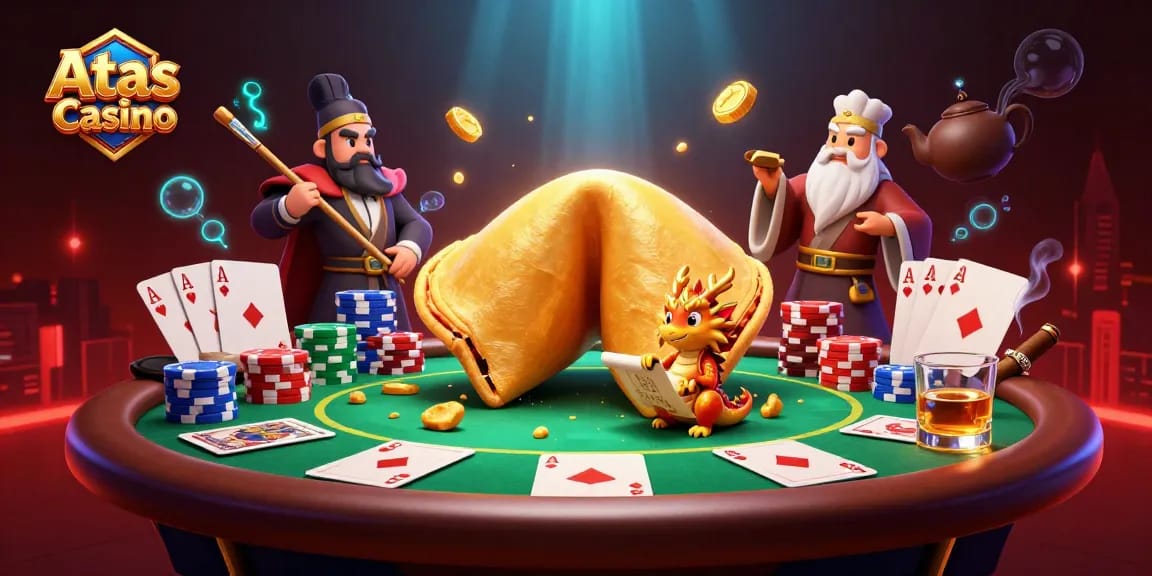 Engage in thrilling poker at Atas Casino with vibrant 3D characters and casino elements.