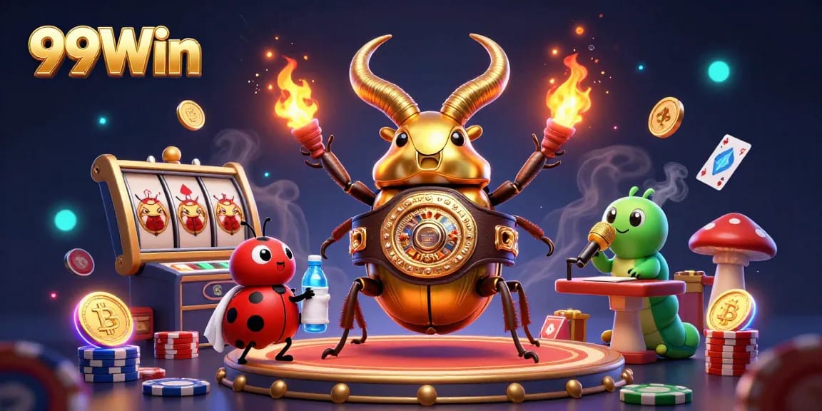 Experience the excitement of 99Win with a cartoon beetle champion and vibrant casino elements.