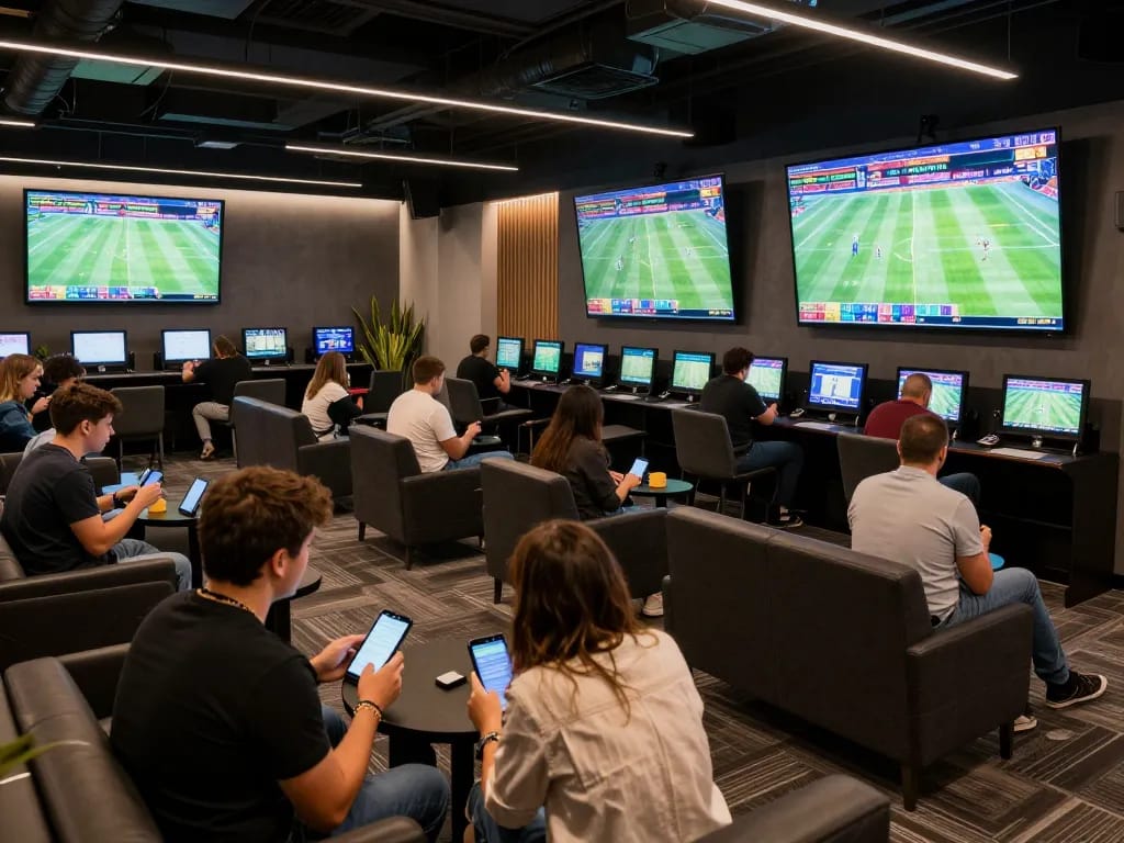 Excited fans analyzing odds on their devices at tylekeonhacai88 sports betting lounge.