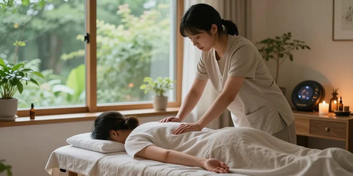 Experience a calming 김포출장마사지 in a serene home setting with soothing elements and natural light.