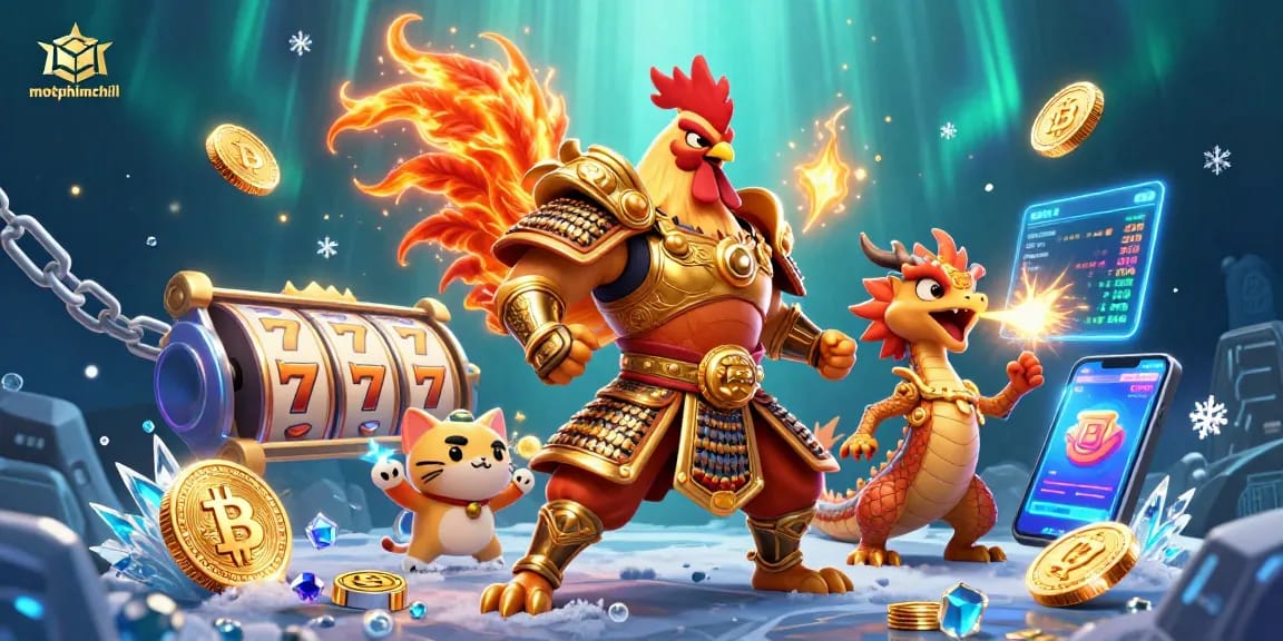 motphimchill winning slots with a colorful 3D rooster warrior and dragon, exciting casino action
