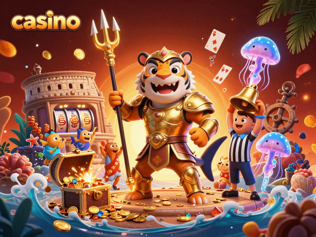 Join the casino excitement with a fierce shark in gladiator armor, surrounded by treasures and playful sea creatures.