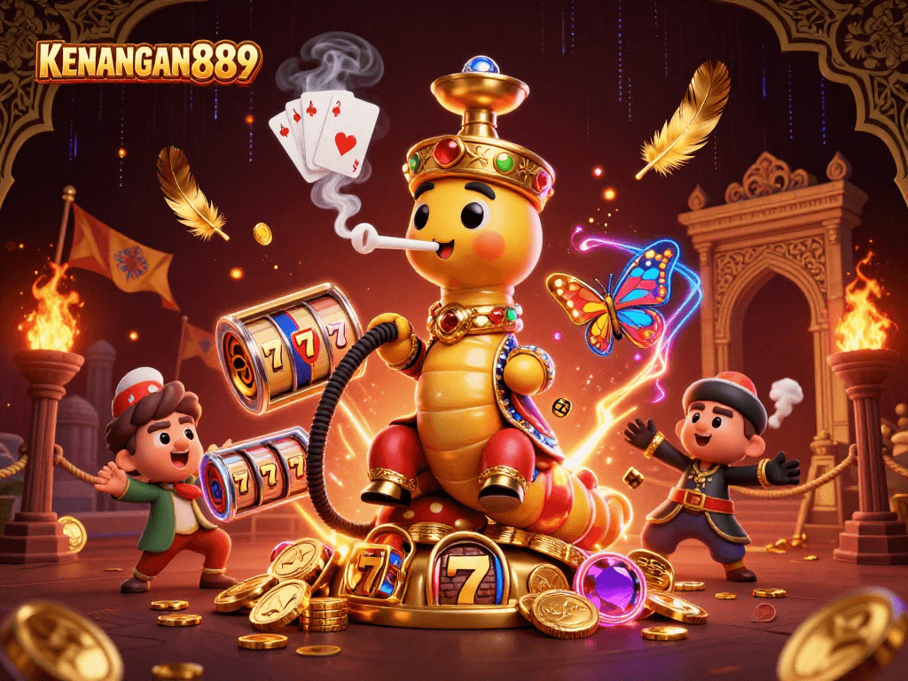 Experience thrilling gameplay with KENANGAN889's immersive casino illustration featuring slot reels and poker symbols.