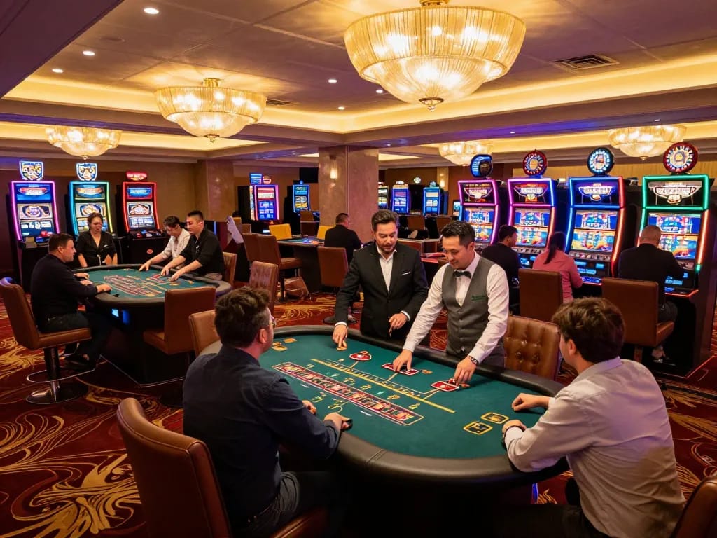 Players enjoying strategic gameplay at LLWIN's upscale casino tables with lively atmosphere