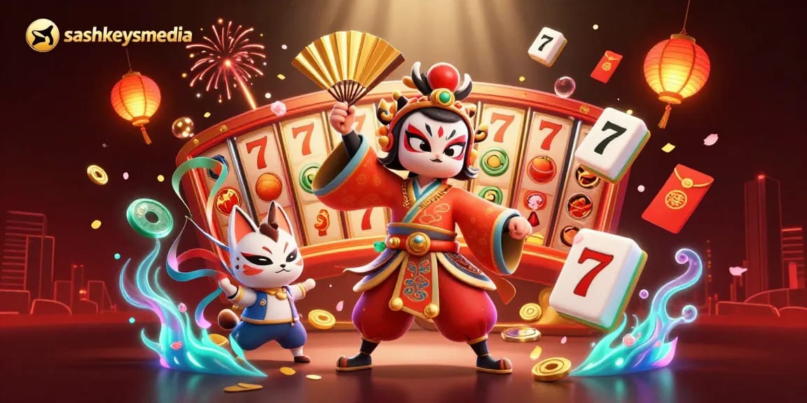 Engage with exciting slots at sashkeysmedia, featuring a dynamic 3D scene filled with vibrant casino elements.