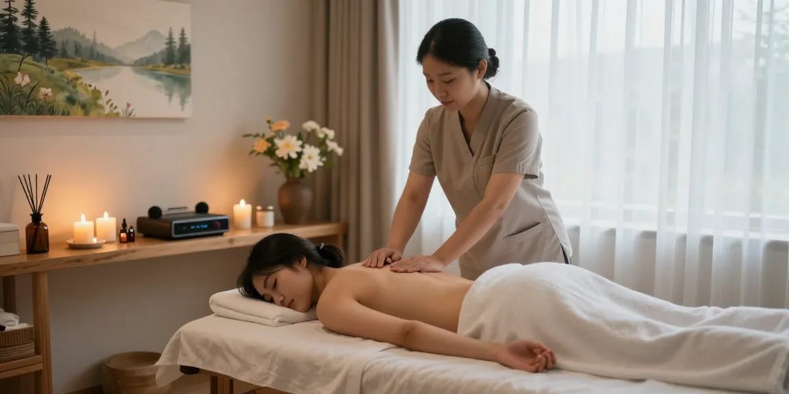 Relaxing 용인출장마사지 session with serene atmosphere, soothing candles, and therapist in action.