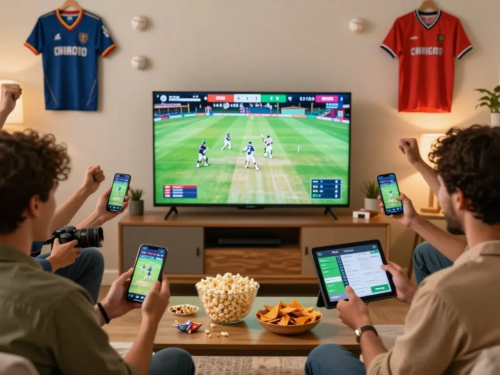 Cricket betting app download in action as friends enjoy a live match together.