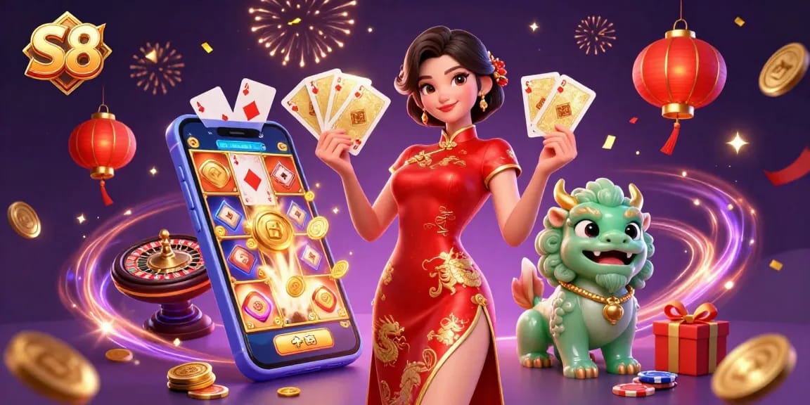 Experience vibrant gaming action at S8 with an elegant host showcasing dynamic casino elements.