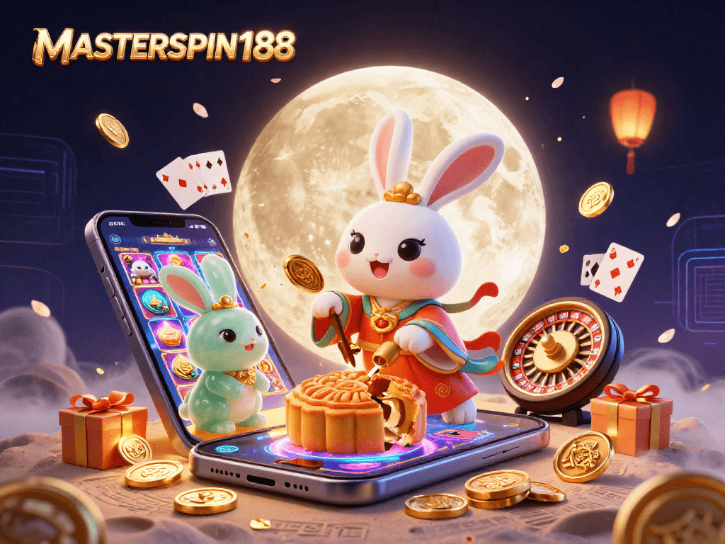 Experience excitement at MASTERSPIN188 with a vibrant scene featuring a moon rabbit and casino elements.