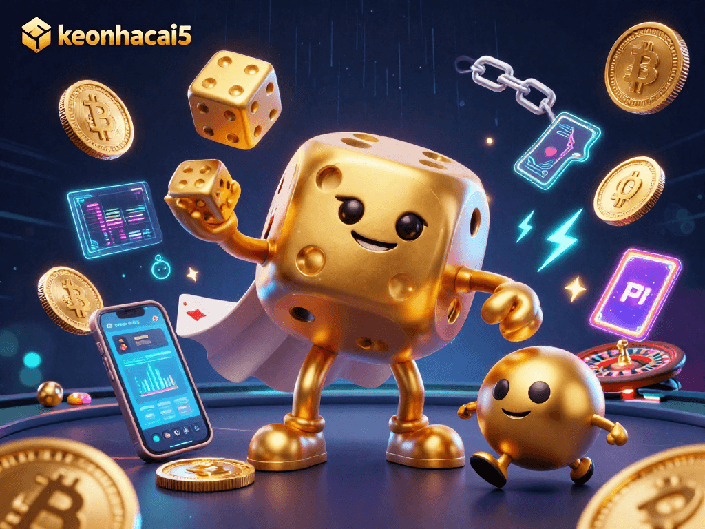 Engage with keonhacai5 in vibrant 3D casino illustration featuring a golden dice golem amidst crypto elements and roulette.
