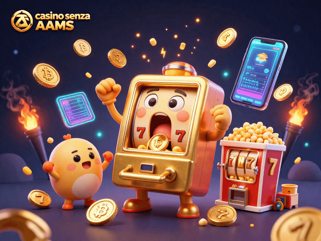 Illustrazione 3D di una slot machine che vince al casino senza AAMS, con monete dorate che escono.