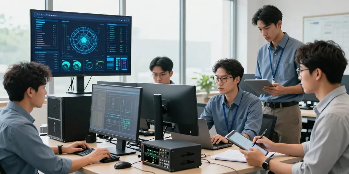 IT support services for small business team collaborating on tech issues in a bright office.