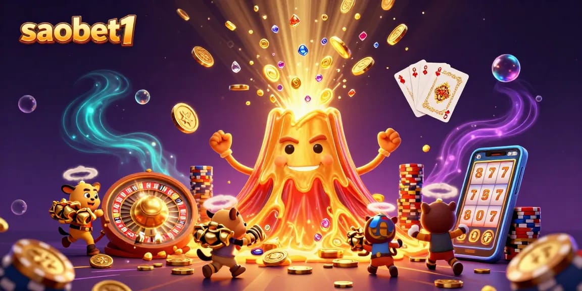 Experience thrilling wins with saobet1's vibrant casino adventure, showcasing a golden volcano and treasure-filled chaos.