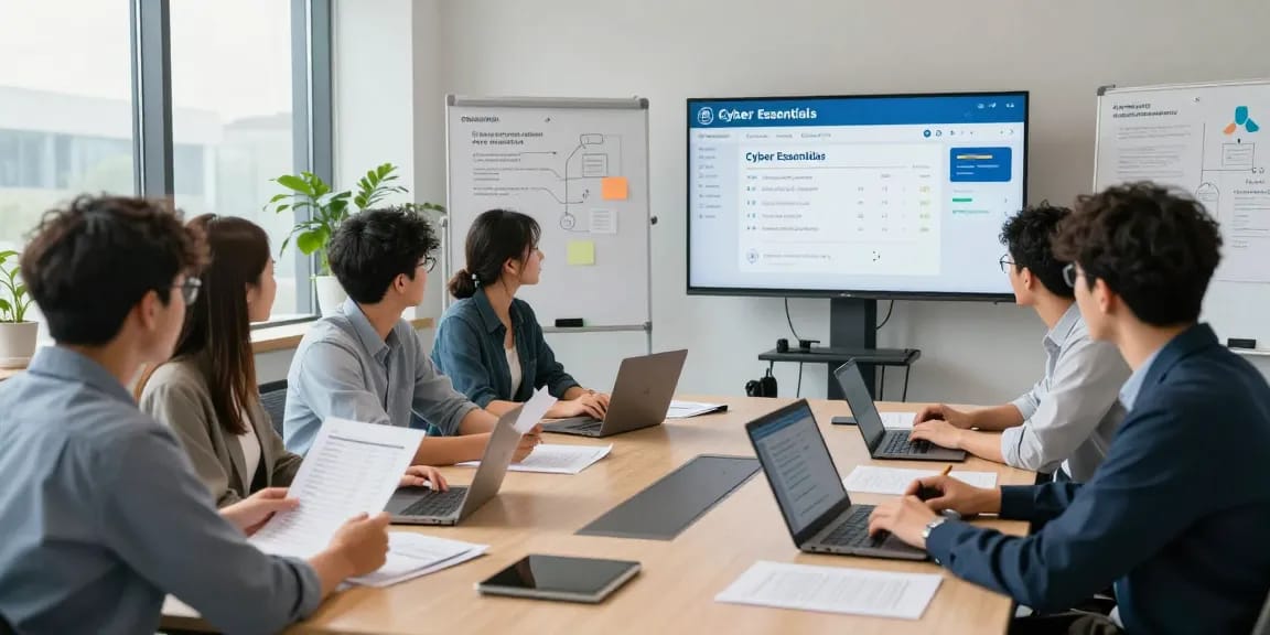 Team discussing cyber essentials requirements in a modern office environment with compliance documents and digital displays.