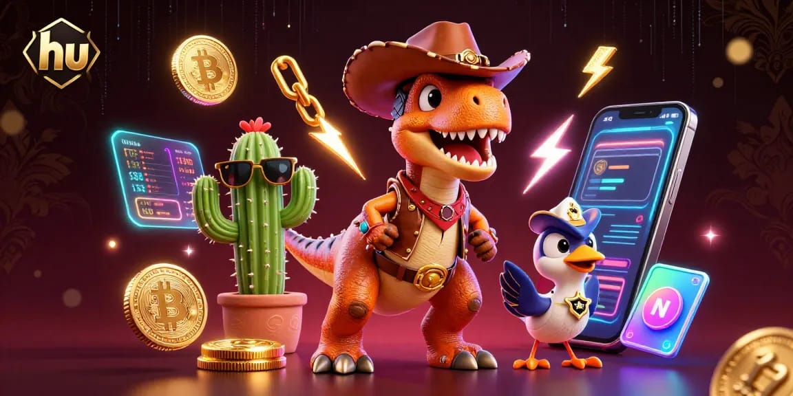 Engage in thrilling gambling with hu at a vibrant 3D casino scene featuring cartoon characters and crypto elements.
