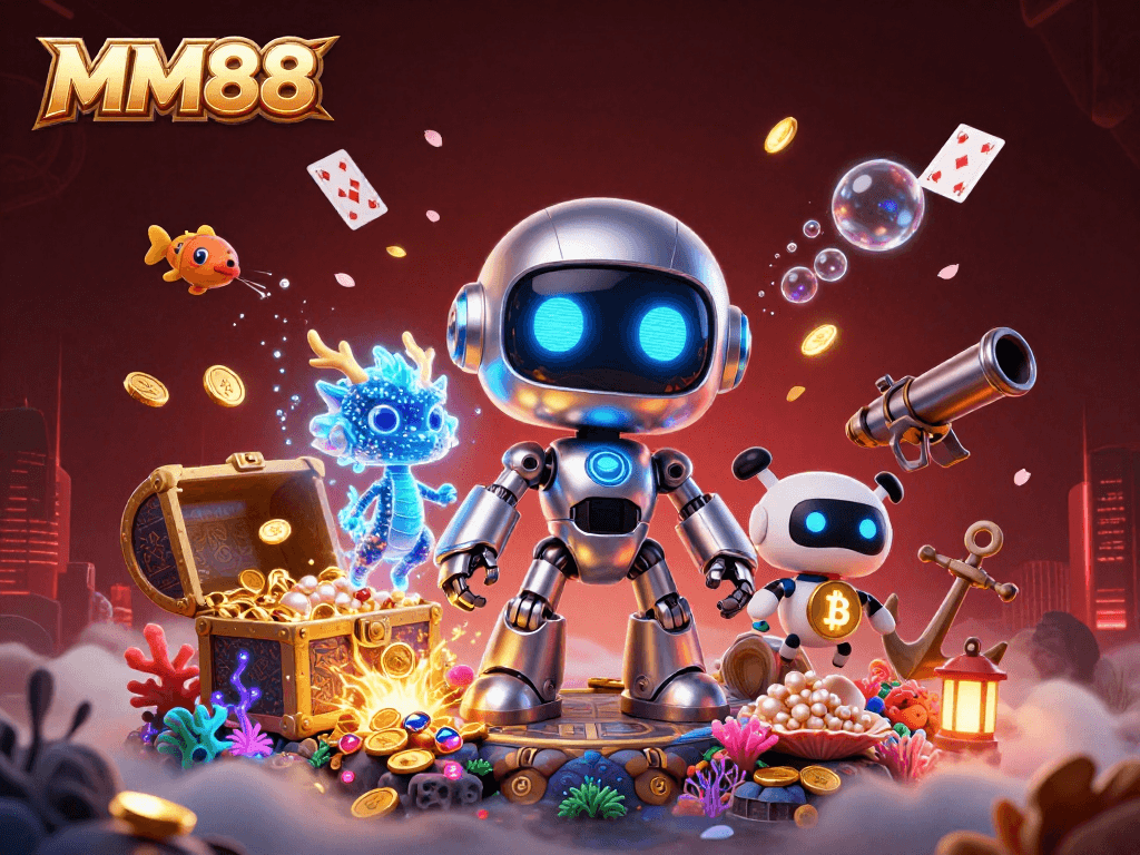 Experience the thrill of MM88 with a vibrant 3D illustration featuring cybernetic beings in a dynamic casino scene.