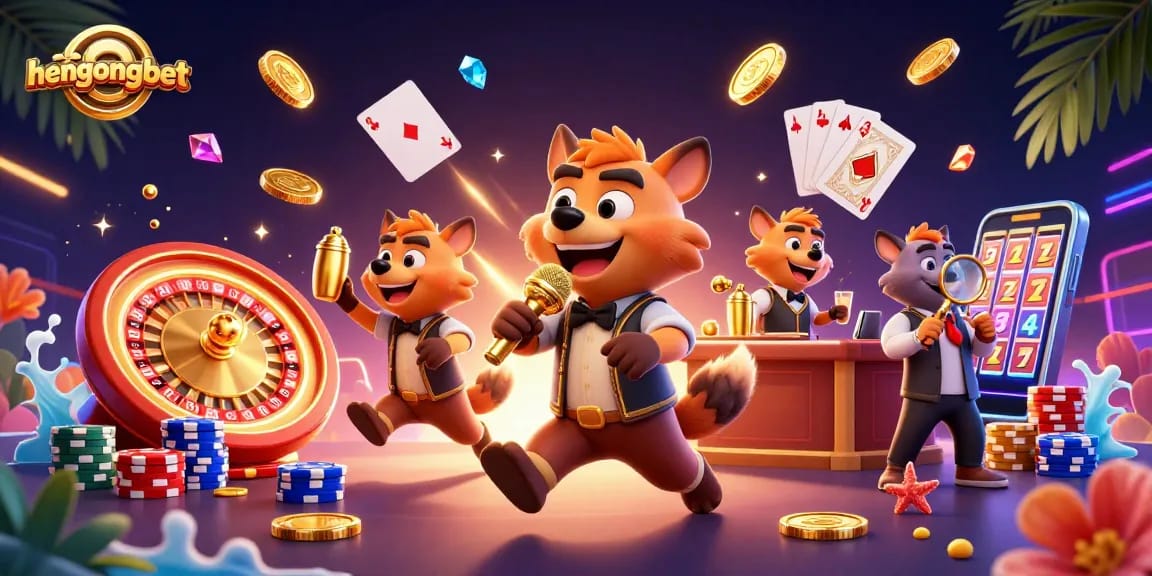 Experience HengOngBet's comedic casino atmosphere with hyenas, vibrant slots, and engaging game elements.
