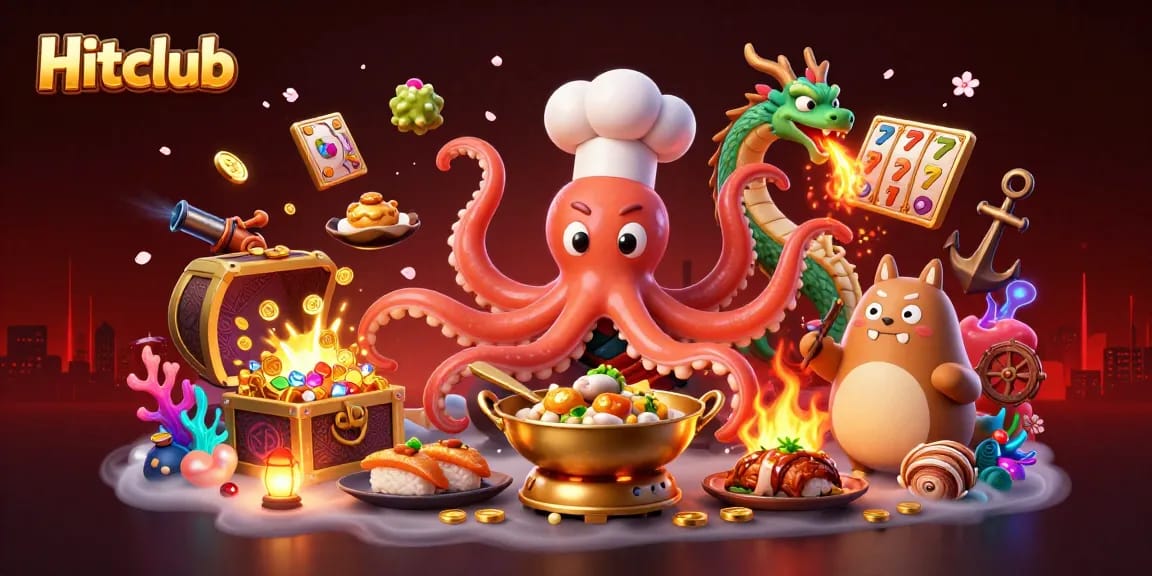 Hitclub showcases a vibrant 3D casino scene featuring a sushi chef octopus and friends in action.