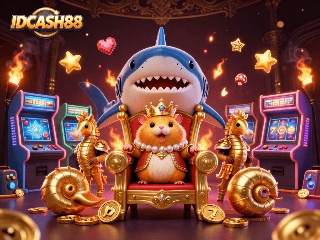 Engage with IDCASH88 through a vibrant casino-themed illustration featuring a golden hamster king and game elements.