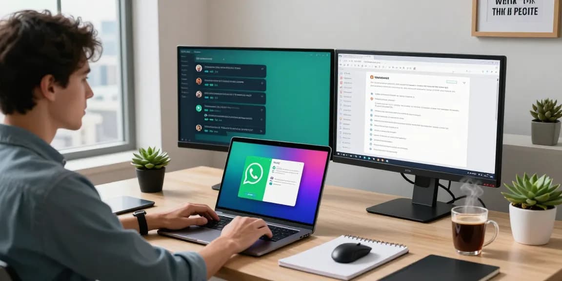 Using WhatsApp電腦版 on a modern laptop in a vibrant home office workspace.