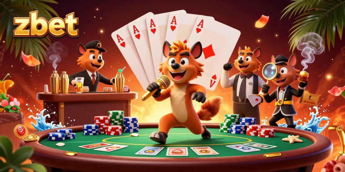 Experience the vibrant zbet casino with hyenas, poker excitement, and lively atmosphere.