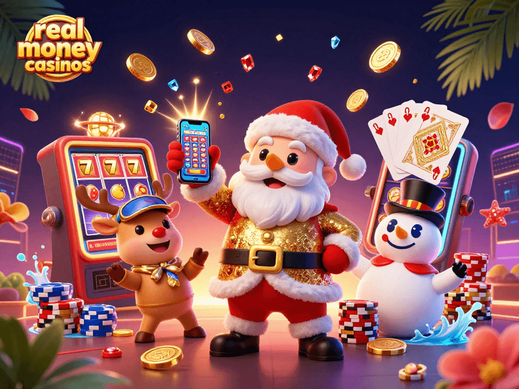 Engage with real money casinos featuring Santa, a reindeer dealer, and a poker chip snowman amidst vibrant casino symbols.
