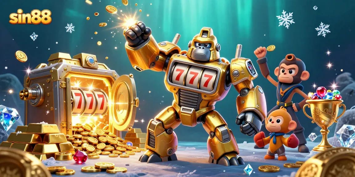 Experience the thrill of sin88 with a vibrant casino mech illustration filled with slot machine excitement.