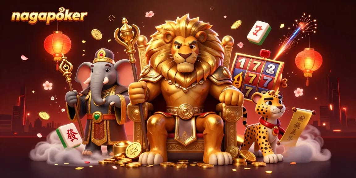Experience thrill with nagapoker as a fierce lion king oversees a bustling casino scene.
