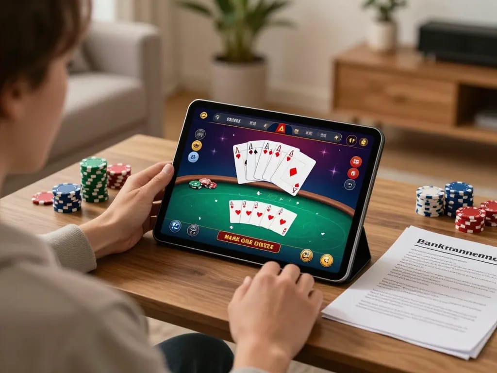 Player engaging in SUNWIN online poker game on tablet, with strategic notes in cozy setting.