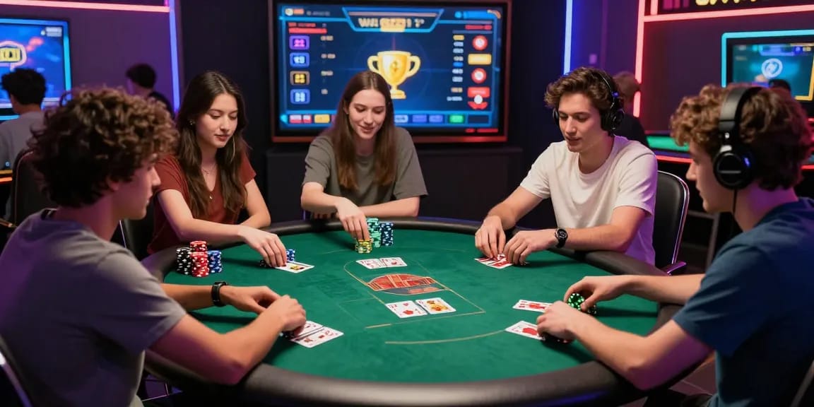 Exciting online gaming scene featuring Slotmaxwin poker game players engaging with avatars and colorful chip stacks.