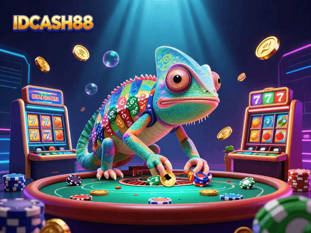 Engage with the vibrant world of IDCASH88 featuring a chameleon casino owner within a dynamic gambling scene.