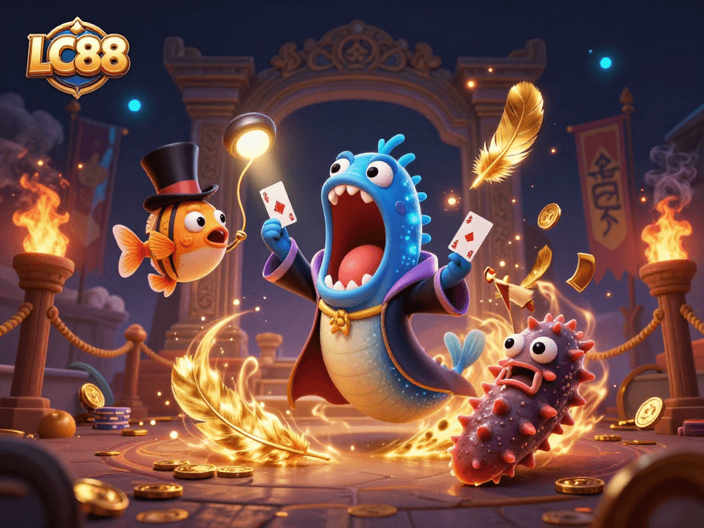 LC88 showcases a vibrant 3D illustration of deep-sea characters performing card tricks, enhancing the online gaming experience.